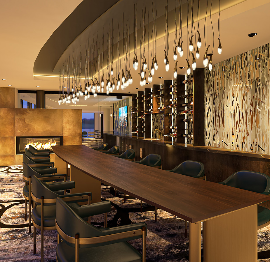 A modern dining area with a fireplace.