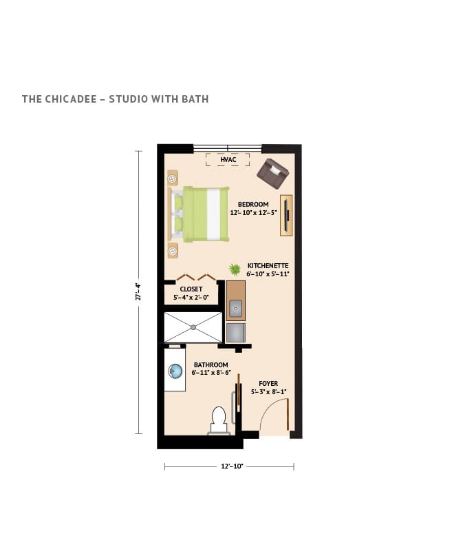 Assisted Living studio floor plan at The Skybridge at Town Center.