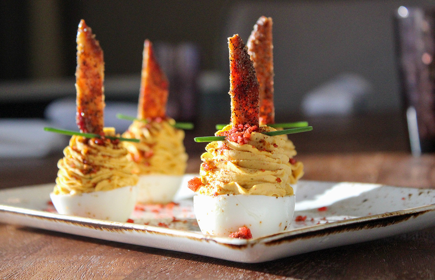 Deviled eggs on a plate.