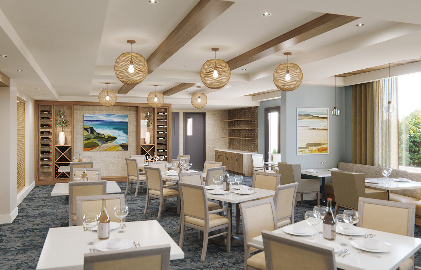 Dining hall with set tables and chairs.