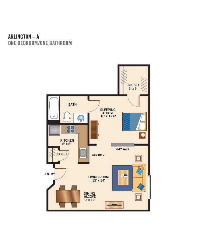 Independent living one bedroom floor plan for The Watermark at Bellingham.