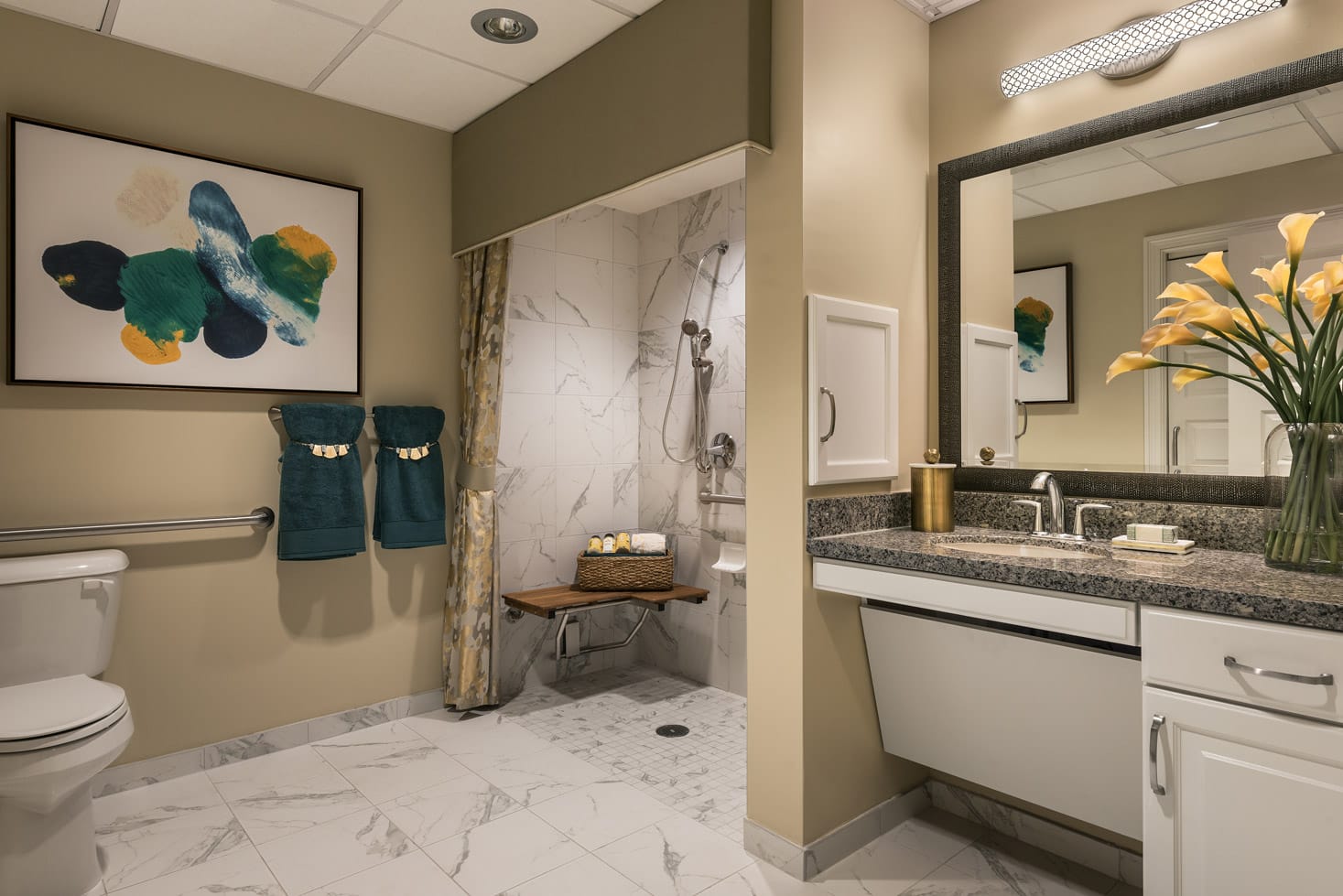 The Preston of the Park Cities large bathroom with marble flooring and shower