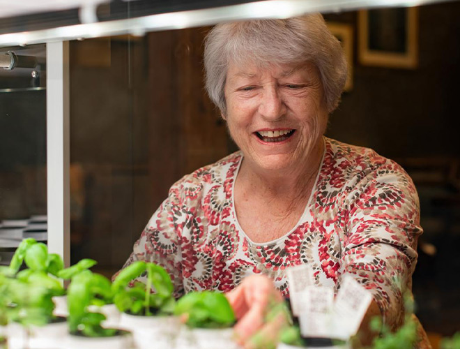 A woman is looking at a herb garden.