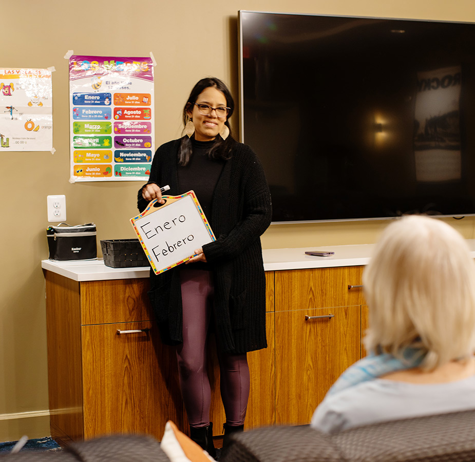 A person teaching a Spanish class.