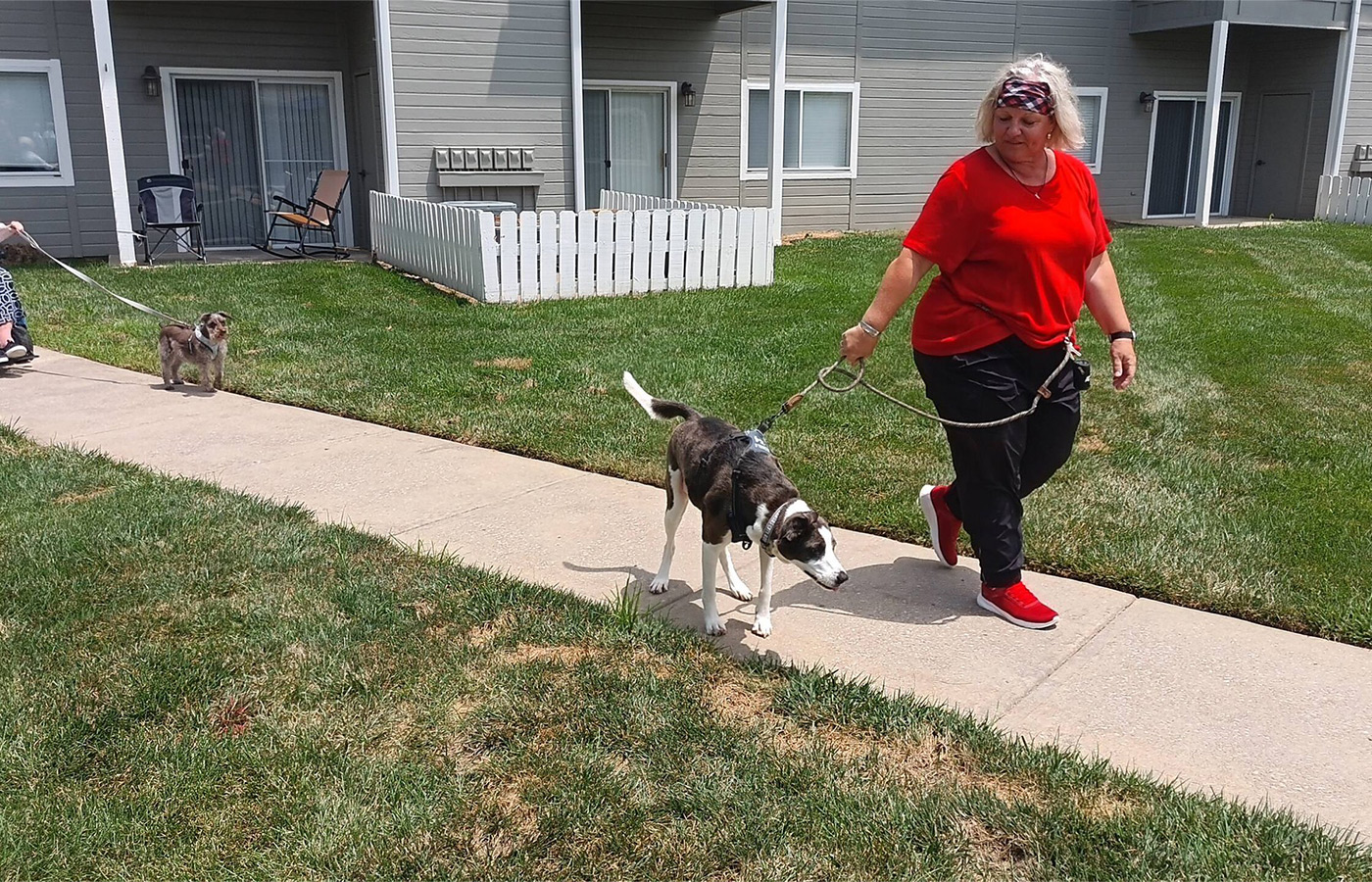 A person walking a dog.