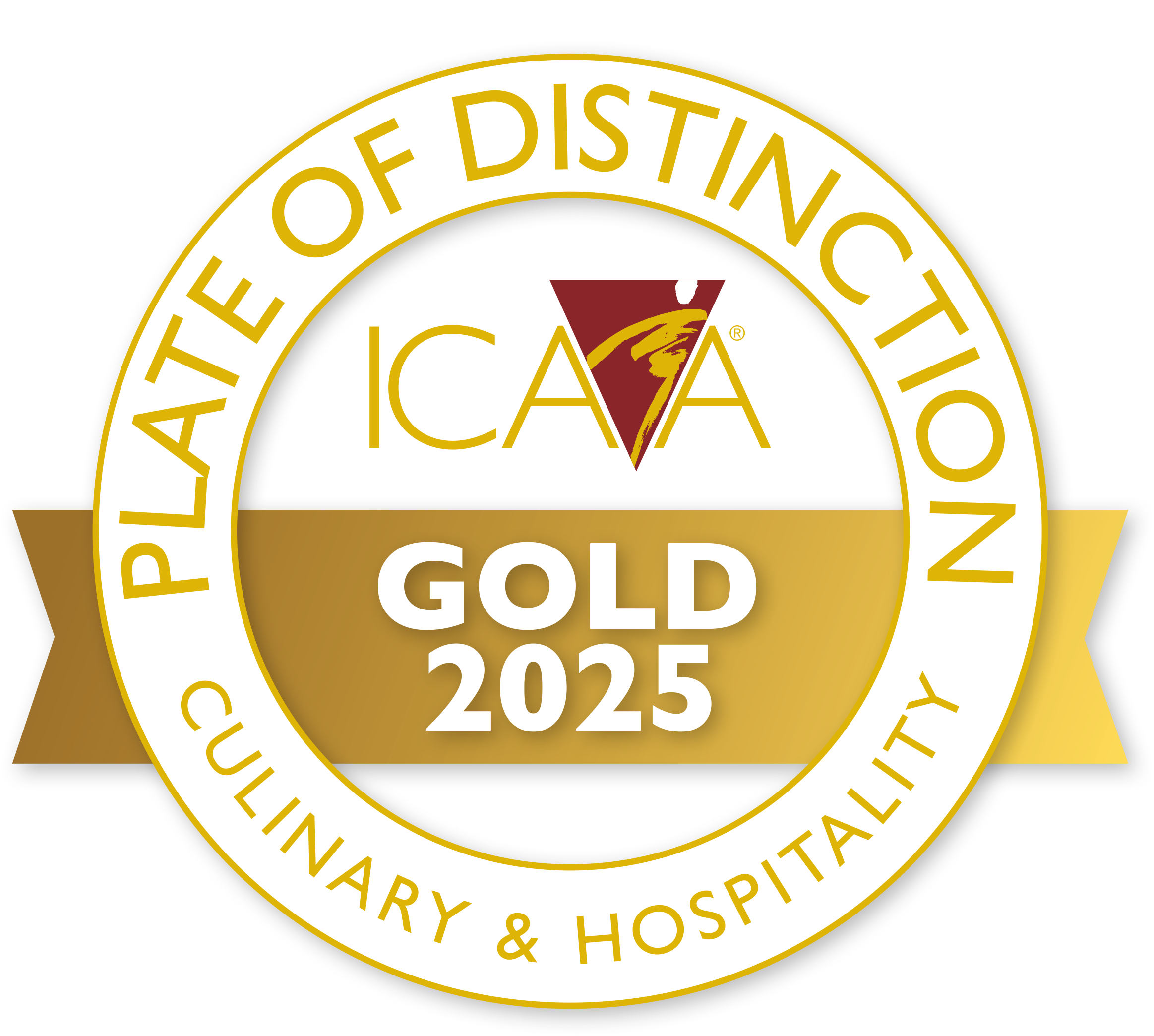 The ICAA 2025 Gold Plate of Distinction badge for culinary and hospitality.