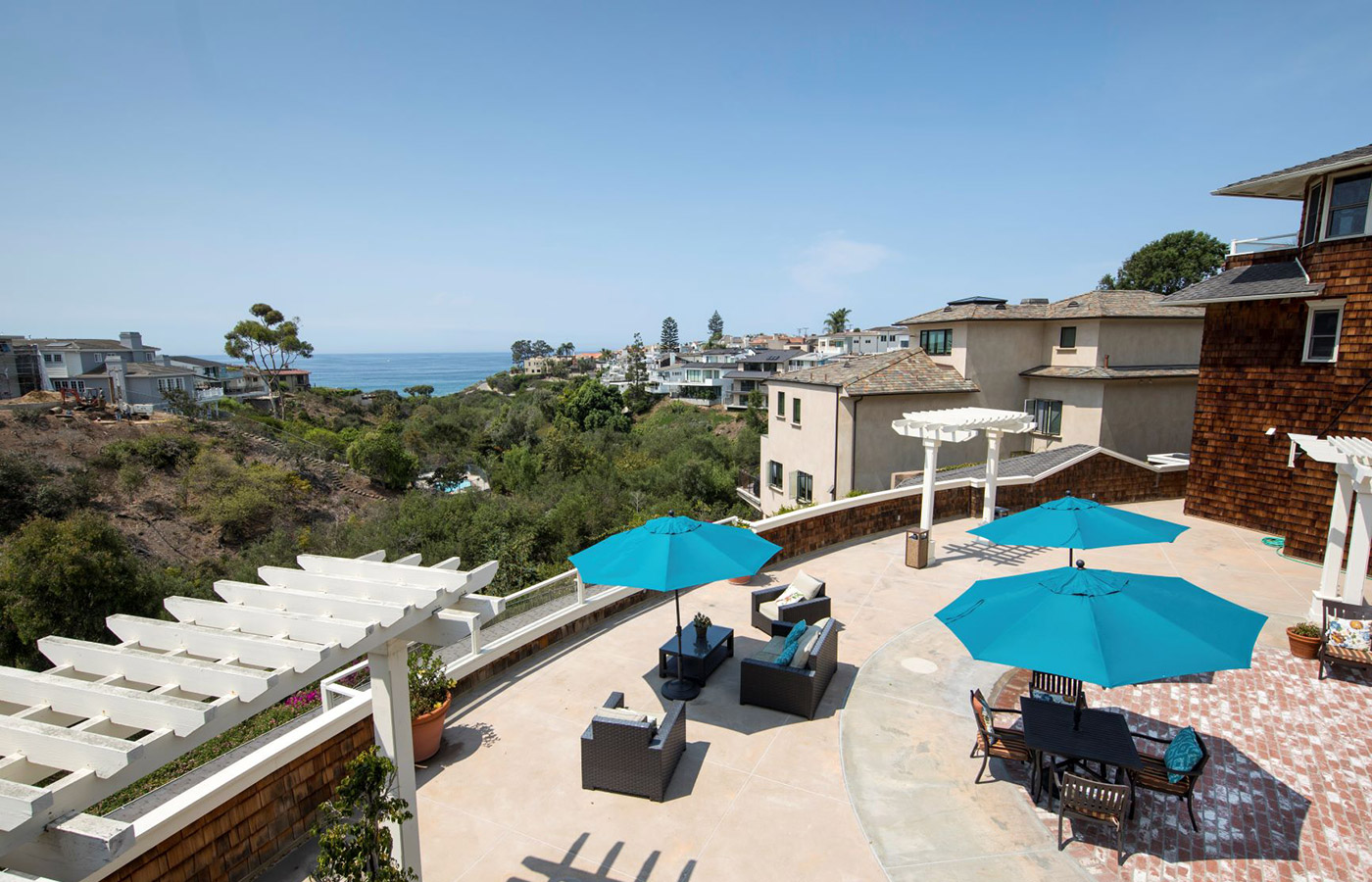 Patio area with ocean view at Crown Cove.