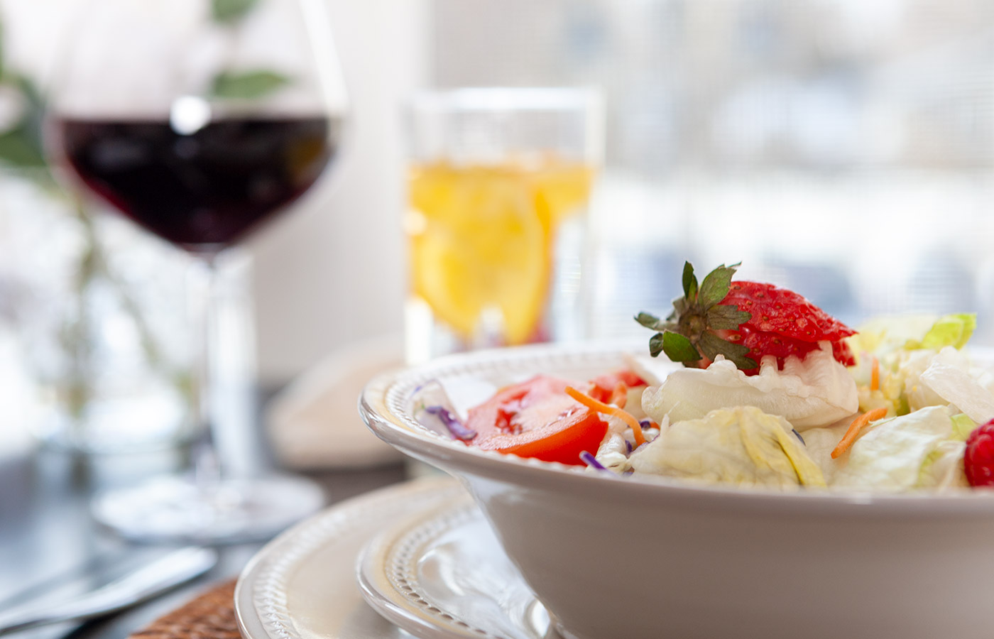 Salad and wine.