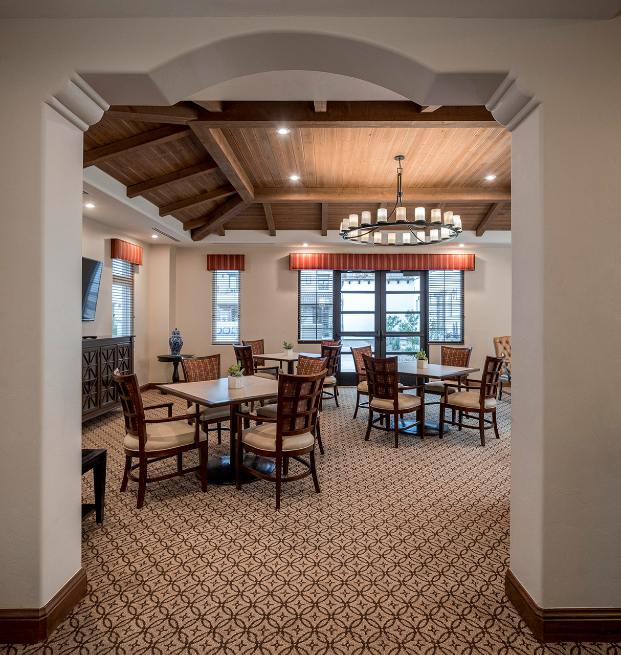 Dining room with seating area.