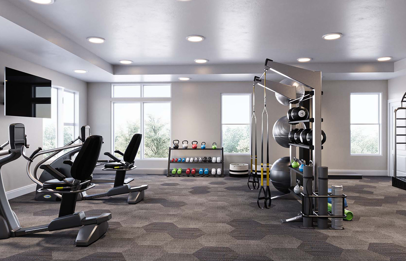 A fitness center with gym equipment.