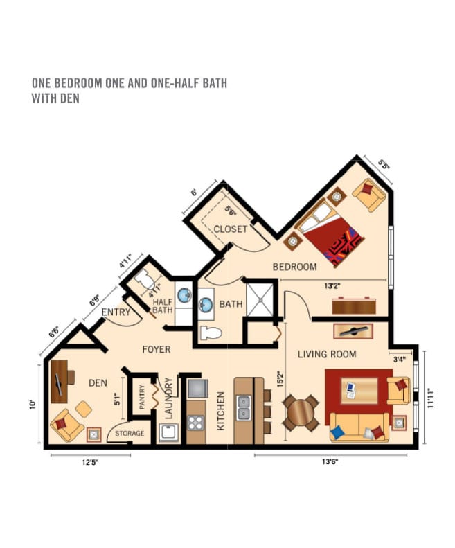 Independent Living one bedroom floor plan for The Watermark at Trinity.
