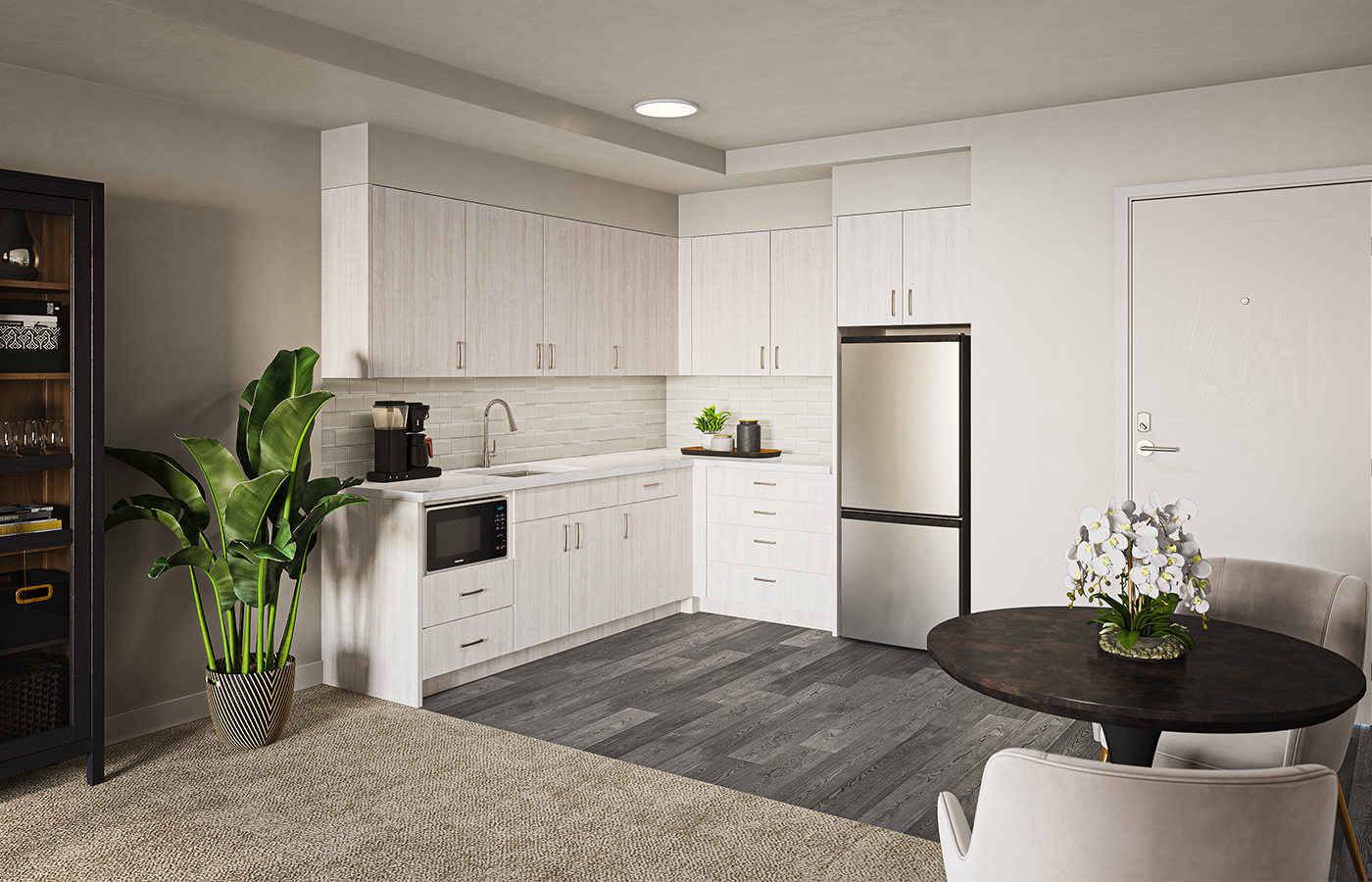 A modern apartment kitchen.