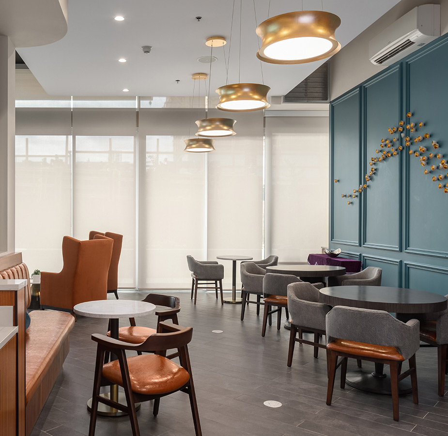 A colorful modern cafe.