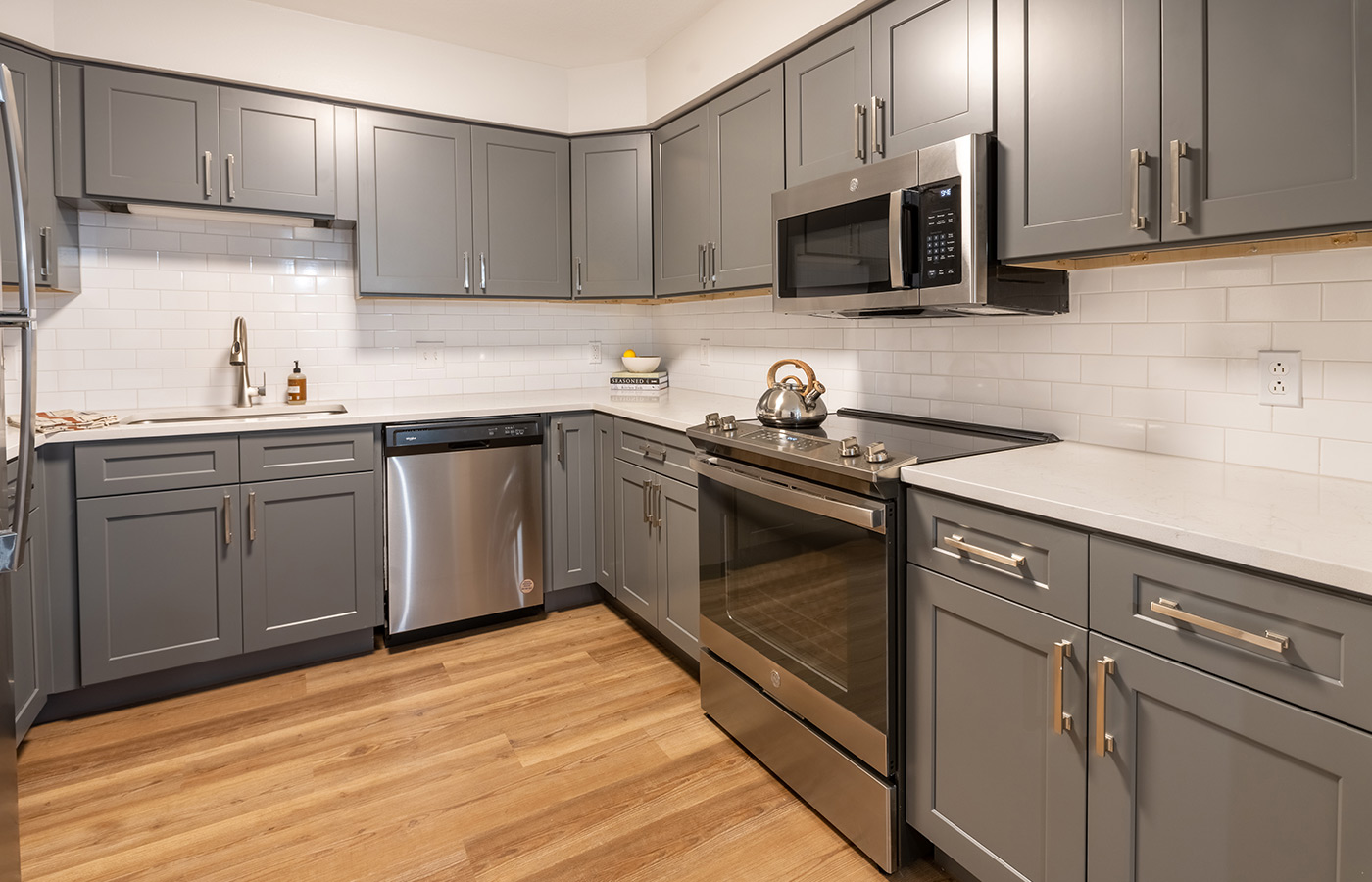 Kitchen stove and cabinets.