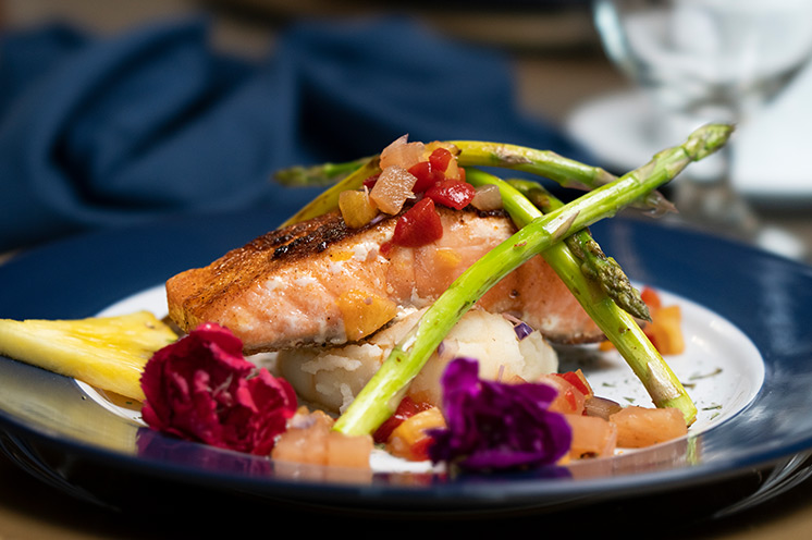 Salmon with vegetables on a plate.