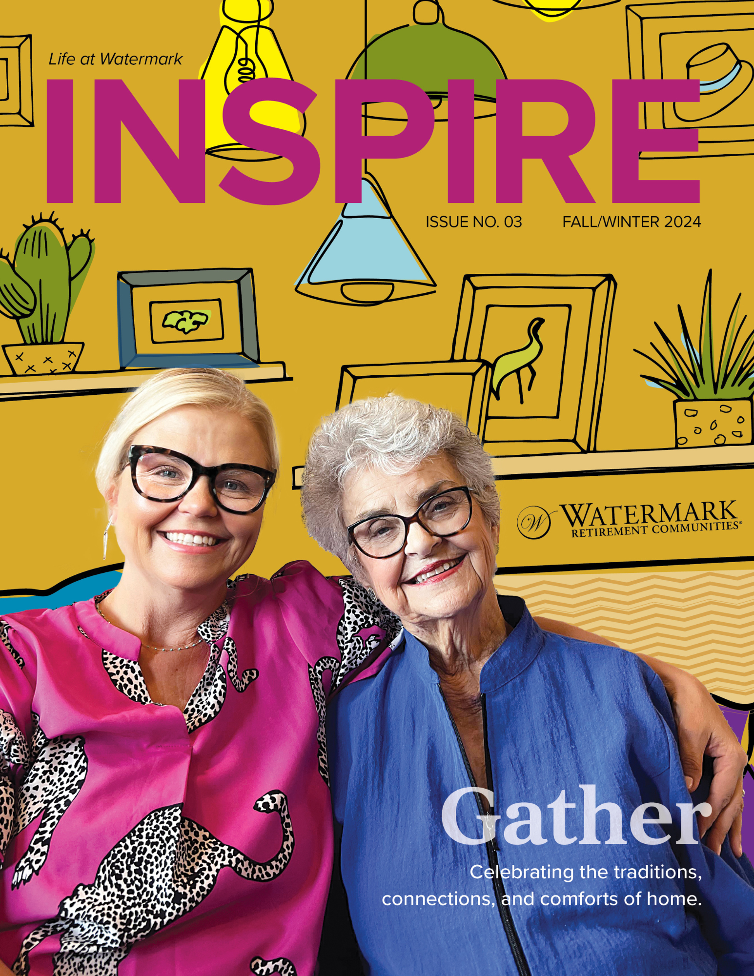 Inspire Magazine 3rd Edition Cover page with mother and daughter sitting on couch with colorful illustrated background.