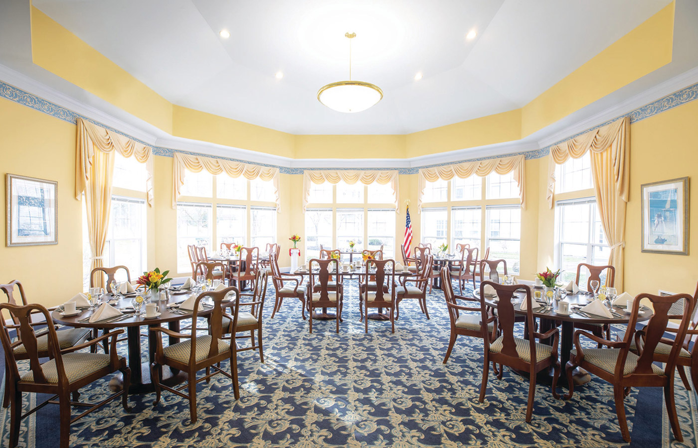 Dining room with seating area.