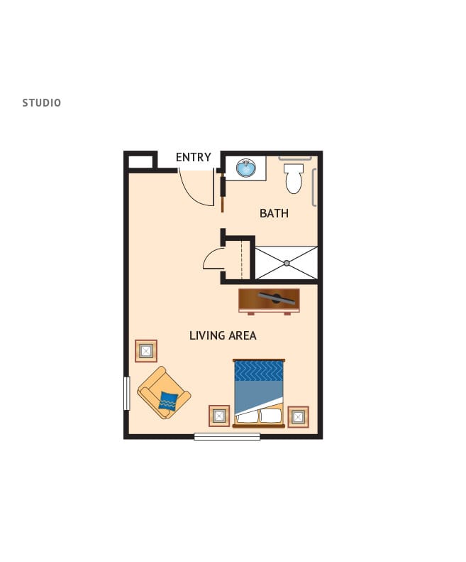 Memory care studio floor plan for White Cliffs Senior Living.