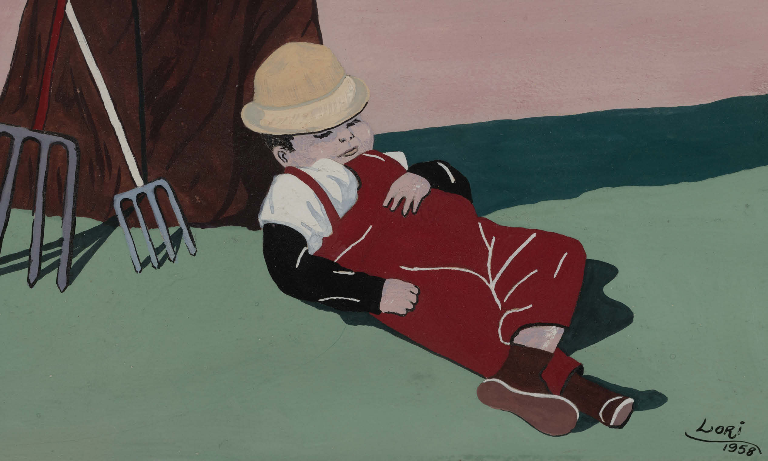 Painting of person taking a nap next to a building with pitchfork next to him.