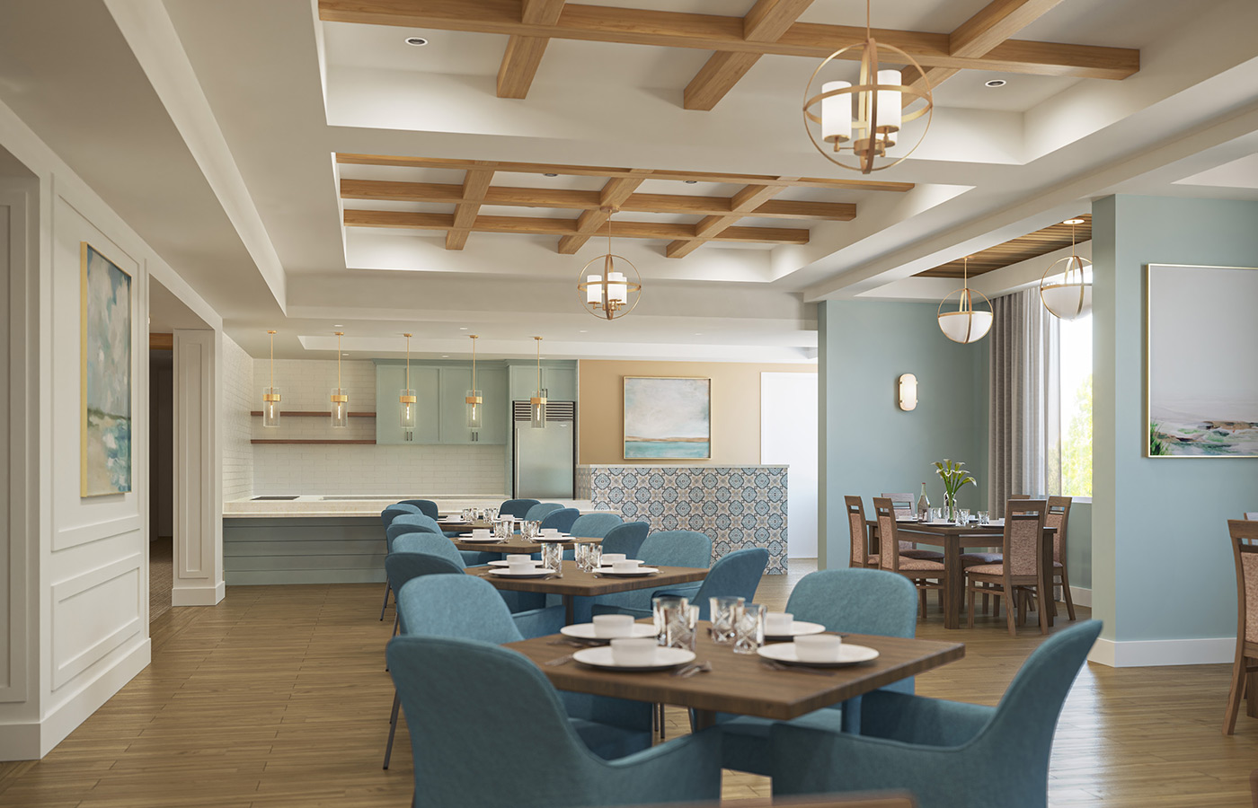 Dining hall with set tables and chairs.