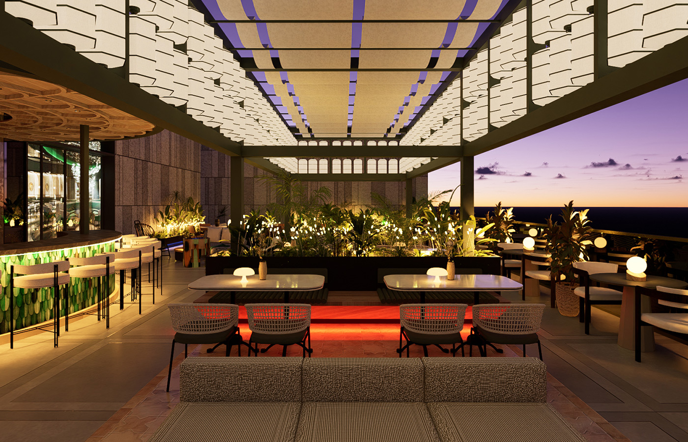 A modern colorfully lit dining room with outdoor seating.