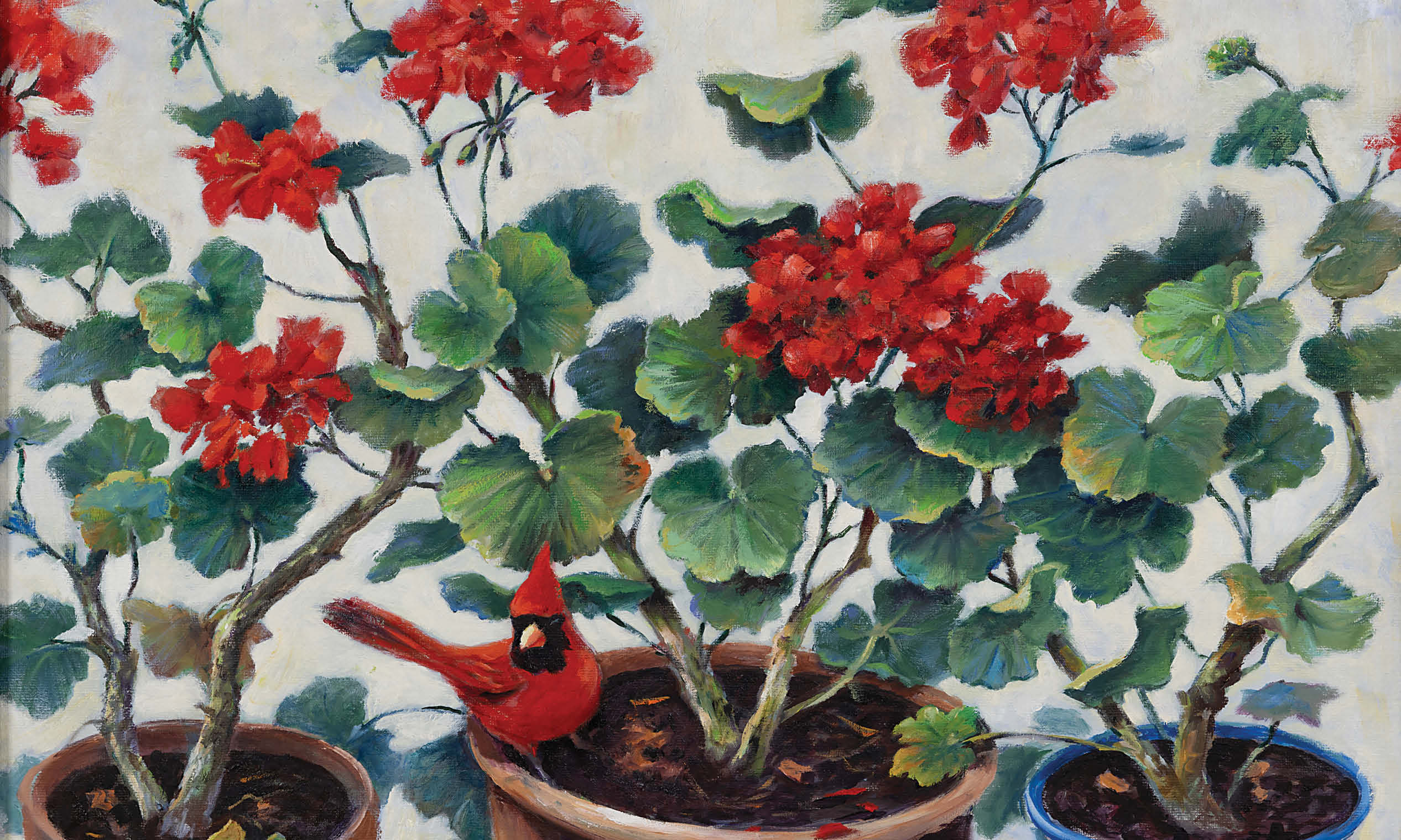 Cardinal on potted plant painting.