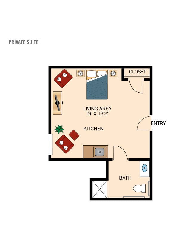Memory care private room floor plan for Woodbury Mews.