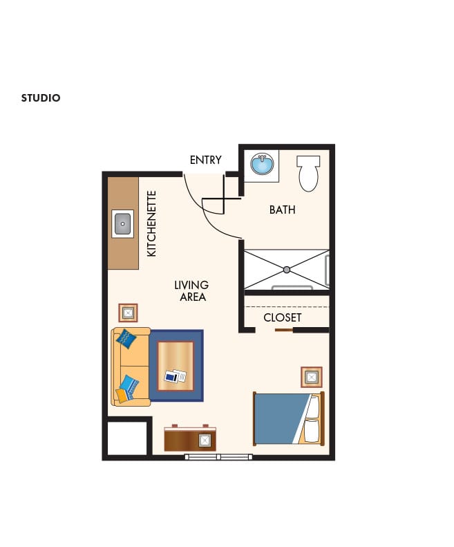 Studio bedroom apartment floor plan.