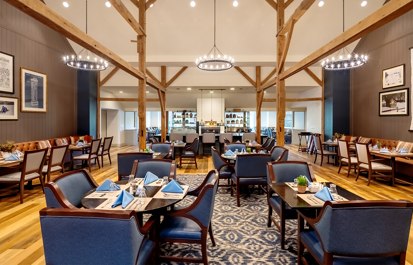 A restaurant set for dinner.