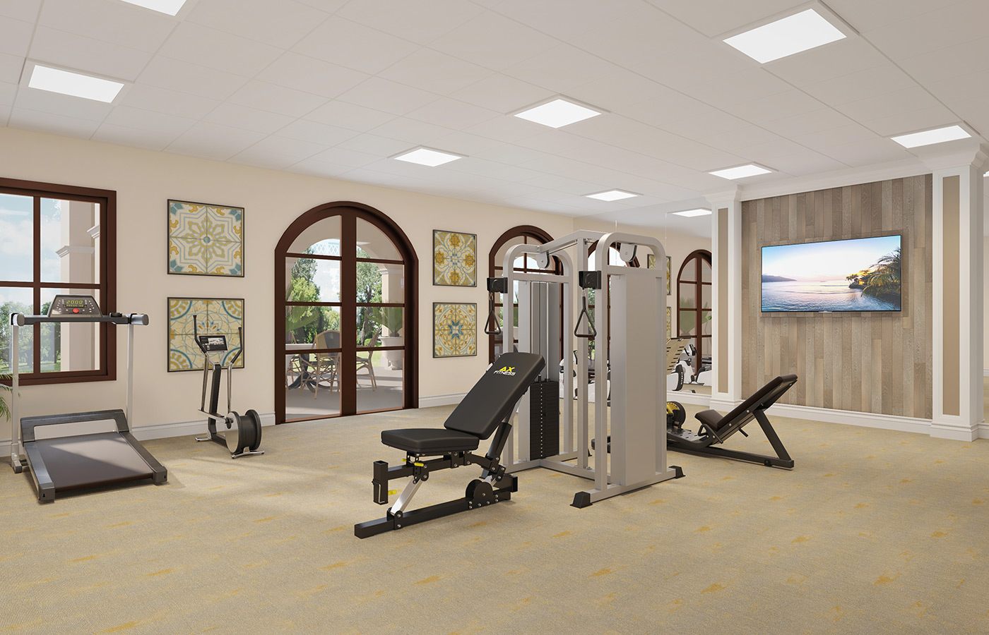 A fitness center with equipment.