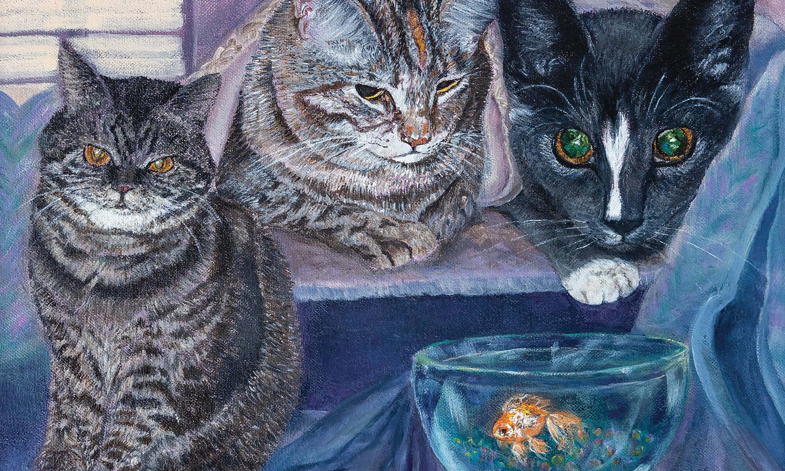 Three cats with goldfish in bowl painting.