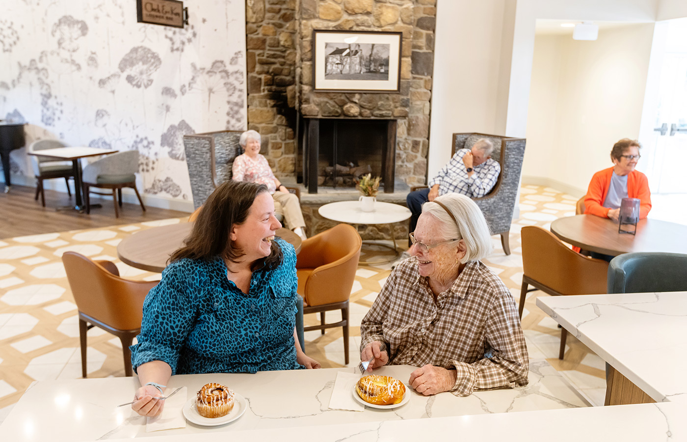 A cafe with people having breakfast.