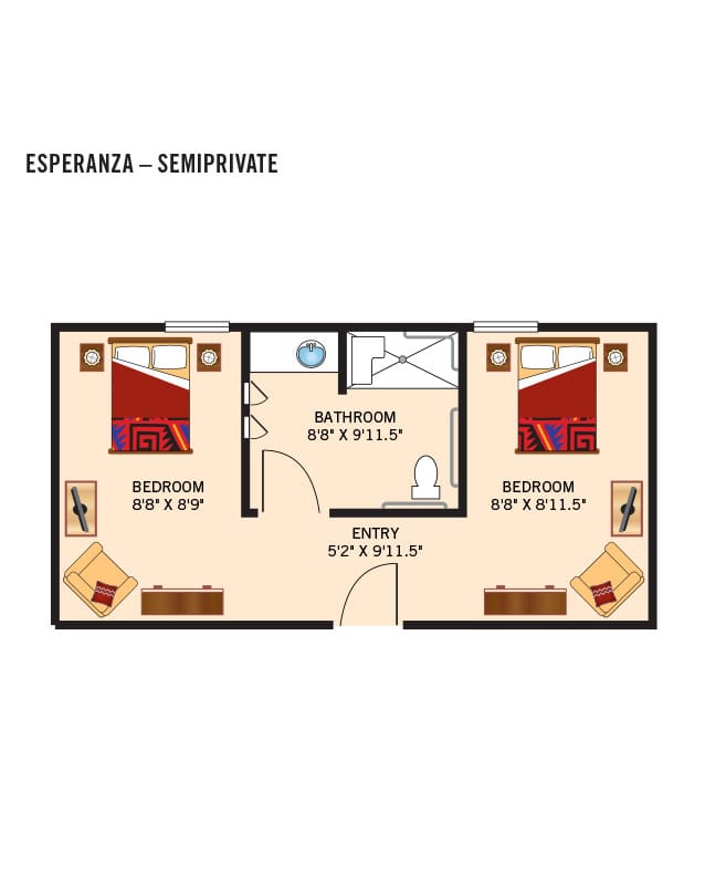 The Watermark at Cherry Hills Memory Care Semi-Private Two Bedroom Floor Plan.