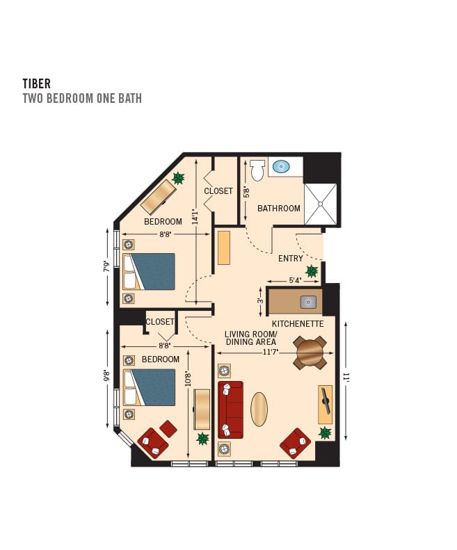 Two bedroom apartment floor plan.