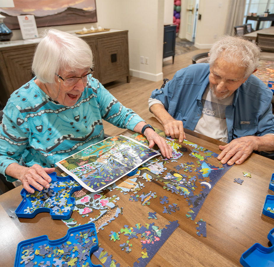 Two people putting a puzzle together.