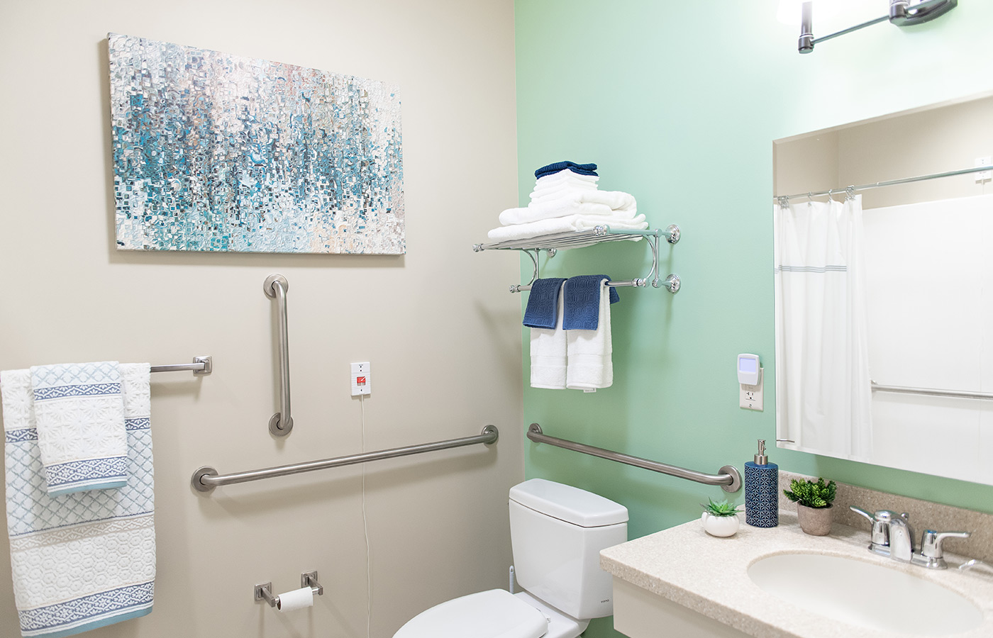 A bathroom in an apartment at The Legacy at Maiden Park.