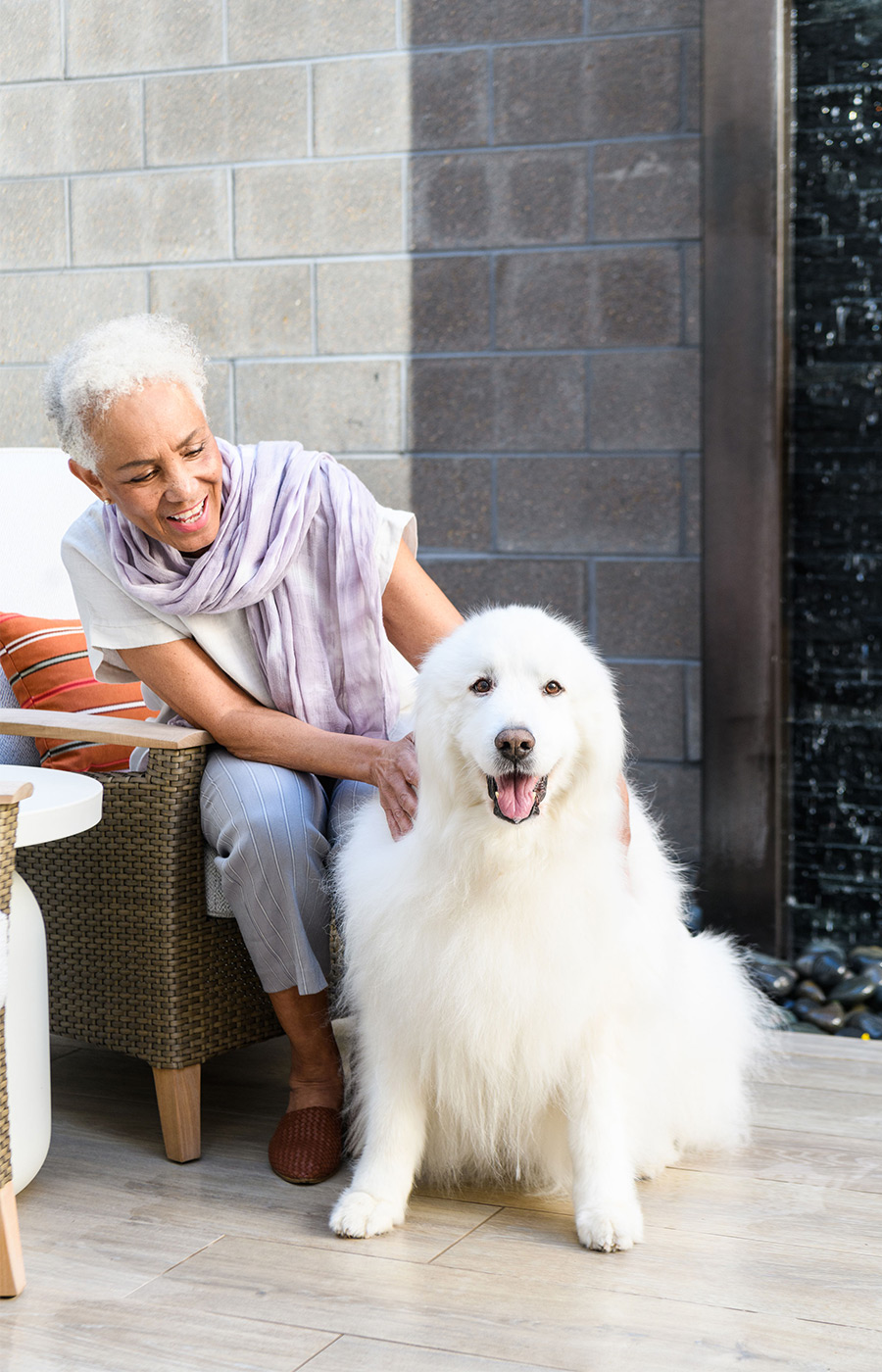 A person with their dog on the patio.