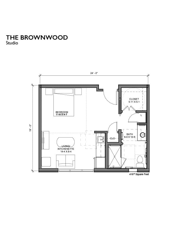 Studio bedroom apartment floor plan.