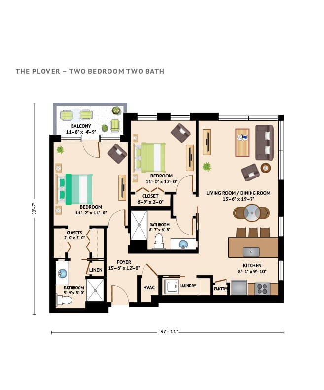 Independent Living two bedroom floor plan at The Skybridge at Town Center.