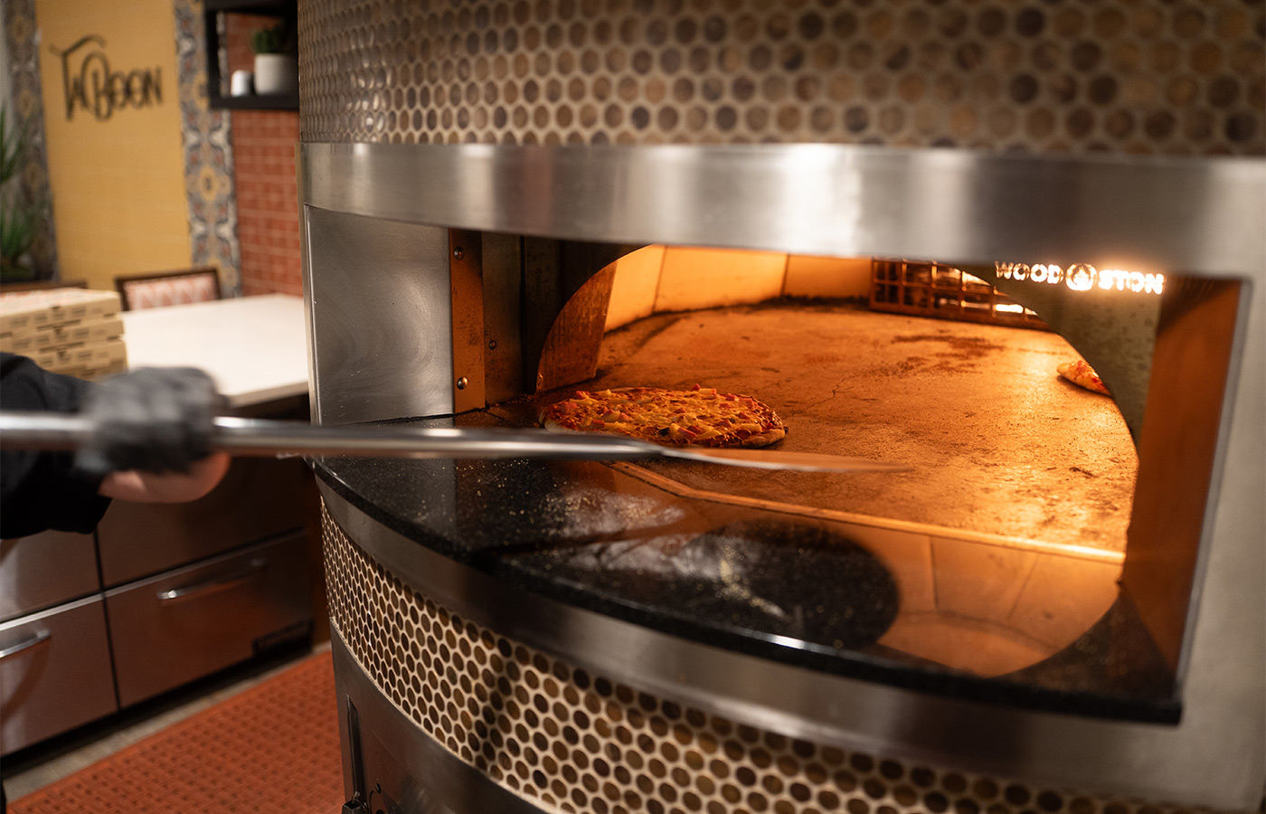 A pizza in an oven.