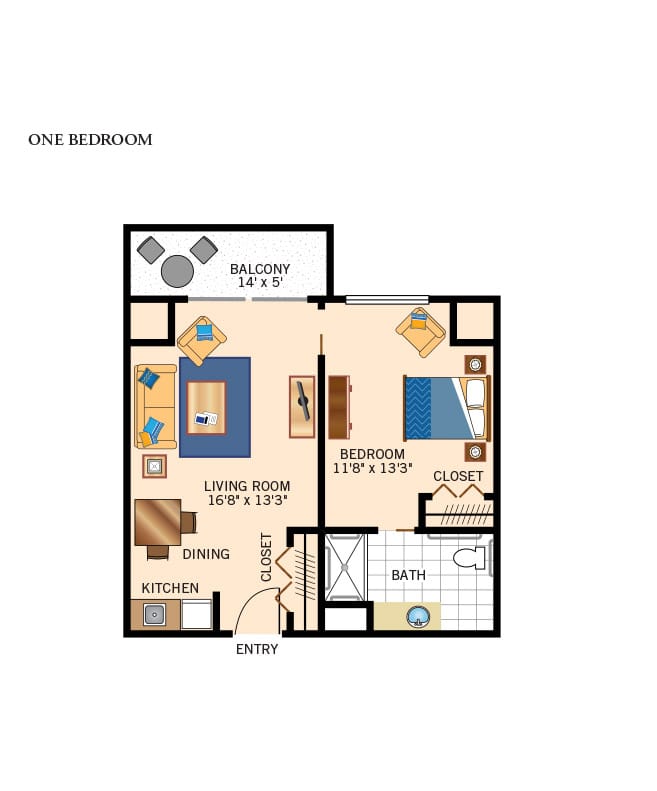 One bedroom apartment floor plan.