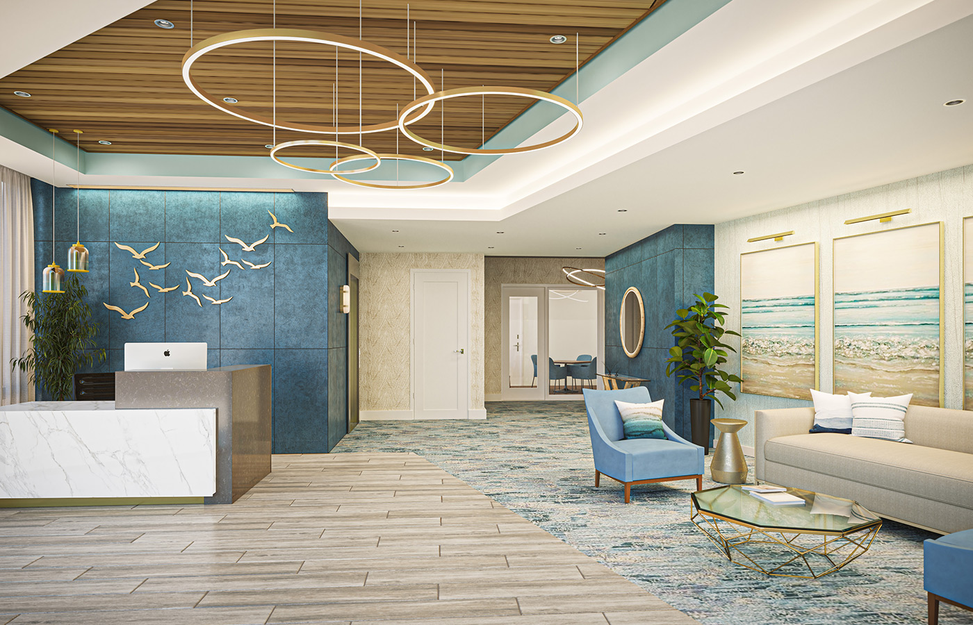 The lobby with front desk and comfy seating.