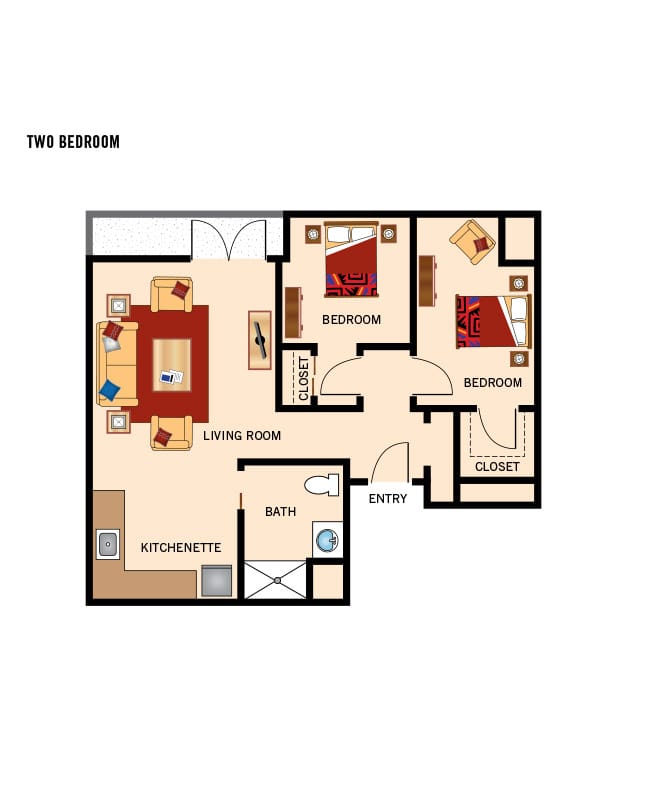 Assisted living two bedroom floor plan.