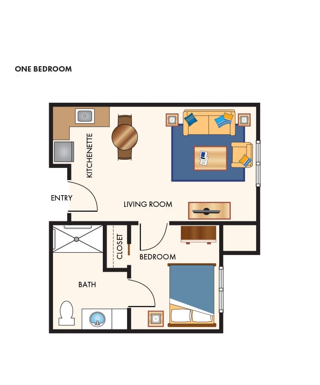 One bedroom apartment floor plan.