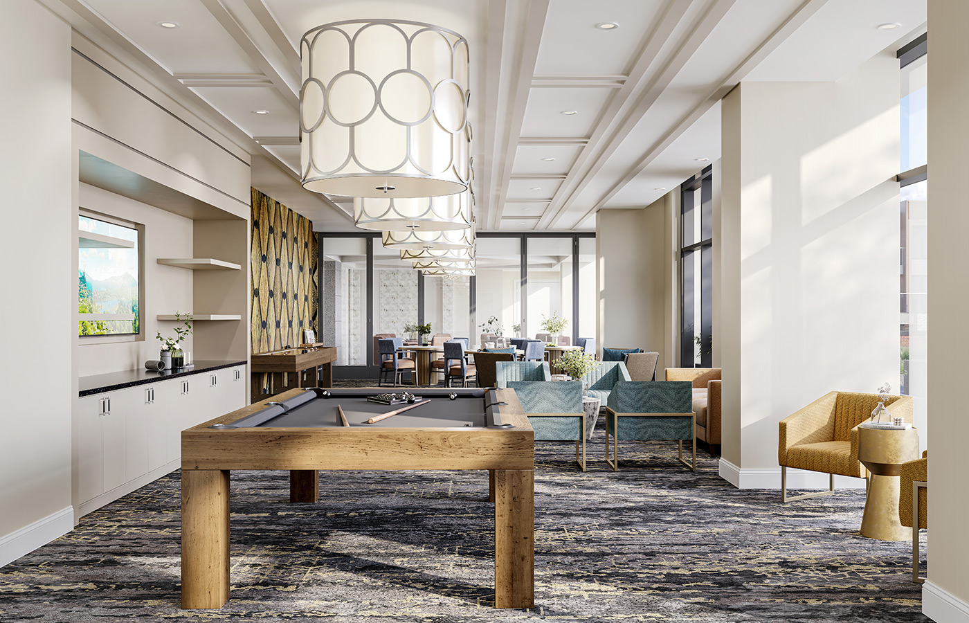 Activity room with a pool table.