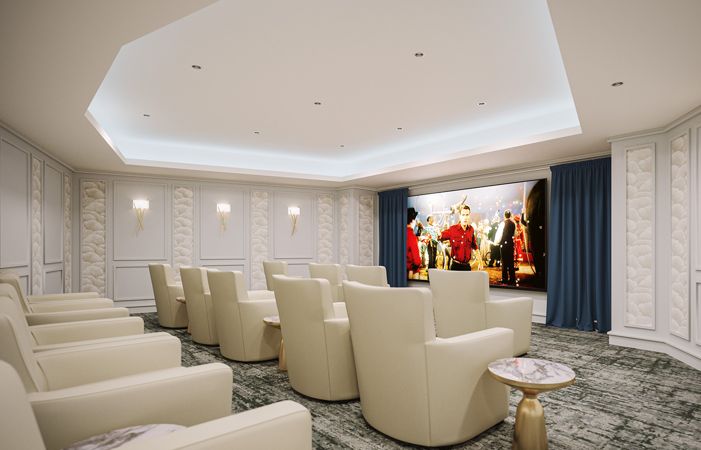 The theater with a screen and big comfy chairs.