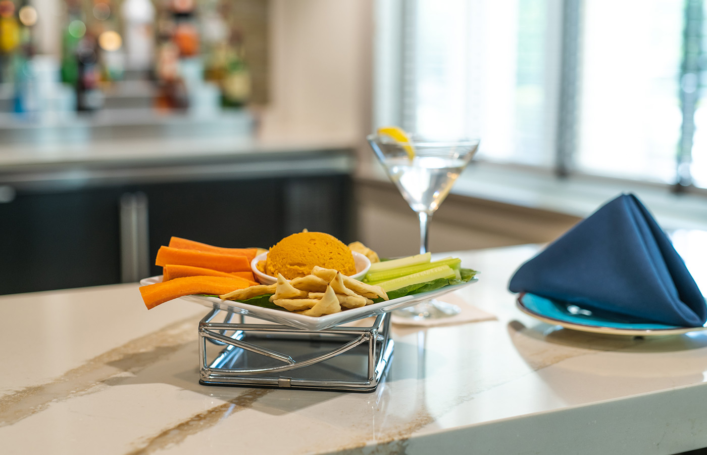 A plate of food on a counter in the bistro.