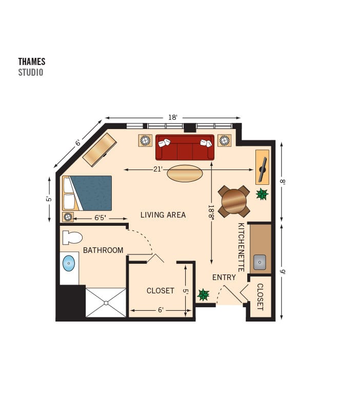 Studio bedroom apartment floor plan.