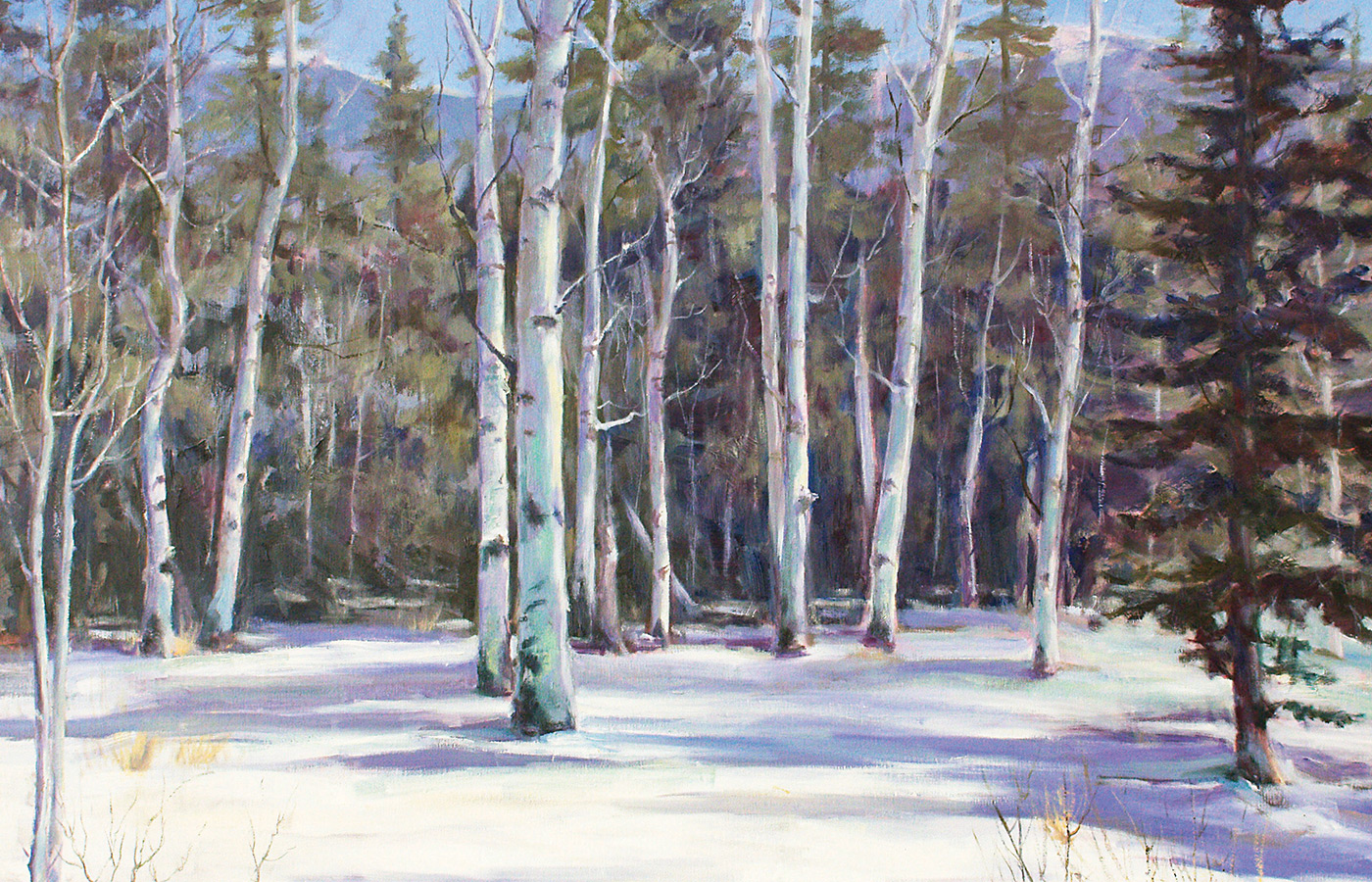 A painting of birch trees in the winter.