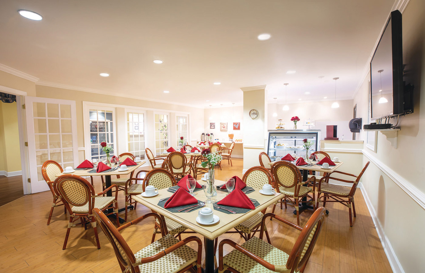 Dining room with seating area.